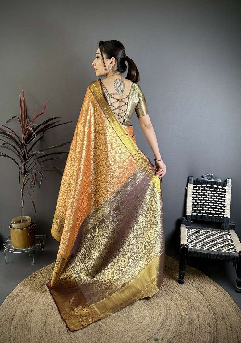 Orange Silk Blend Saree Set with Zari Work for Diwali | Wedding & Festive Wear - Indya
