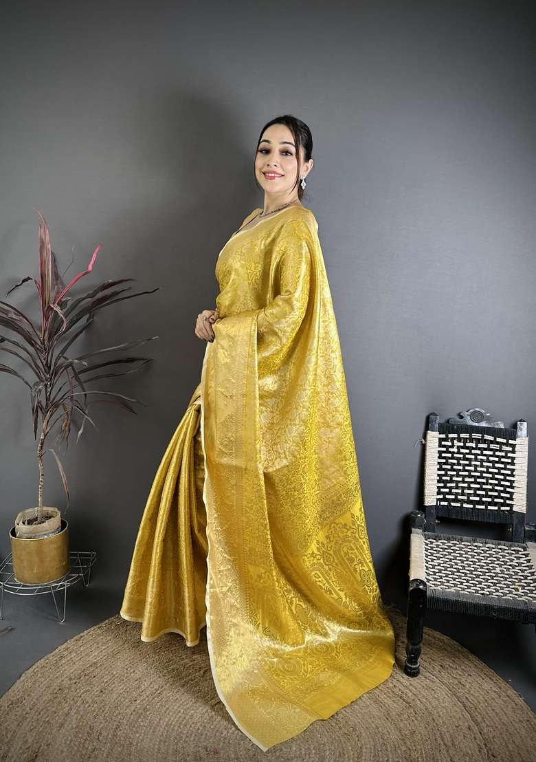 Yellow Zari Work Silk Blend Saree Set for Diwali and Festive Wear - Indya