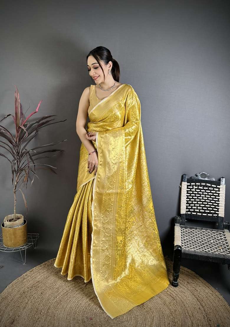 Yellow Zari Work Silk Blend Saree Set for Diwali and Festive Wear - Indya