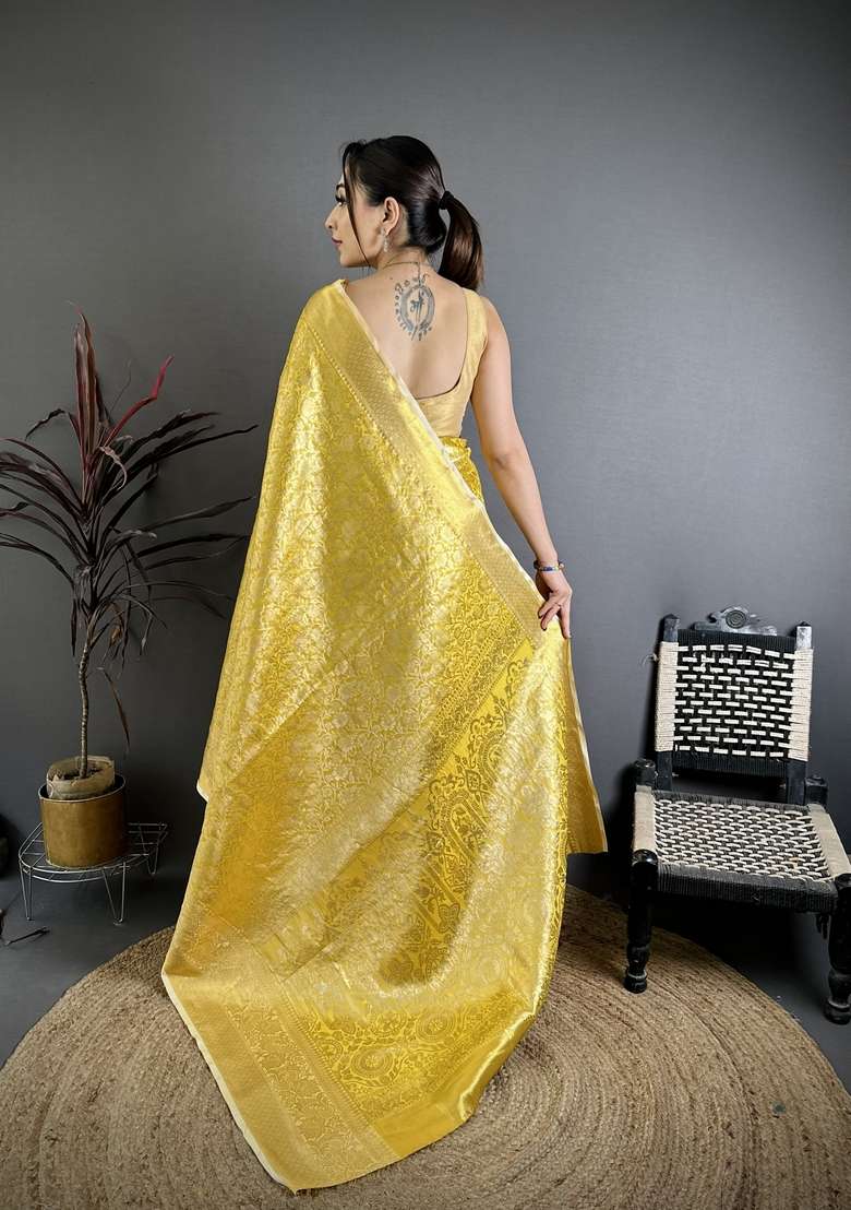 Yellow Zari Work Silk Blend Saree Set for Diwali and Festive Wear - Indya