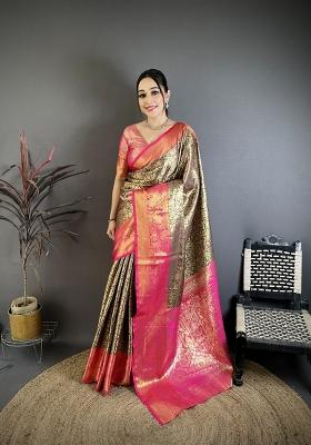 Dark Brown Zari Work Silk Blend Saree Set