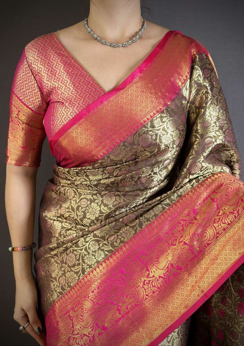 Dark Brown Silk Blend Saree Set with Zari Work for Diwali | Wedding & Festive Wear - Indya