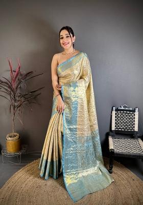 Light Golden Zari Work Silk Blend Saree Set