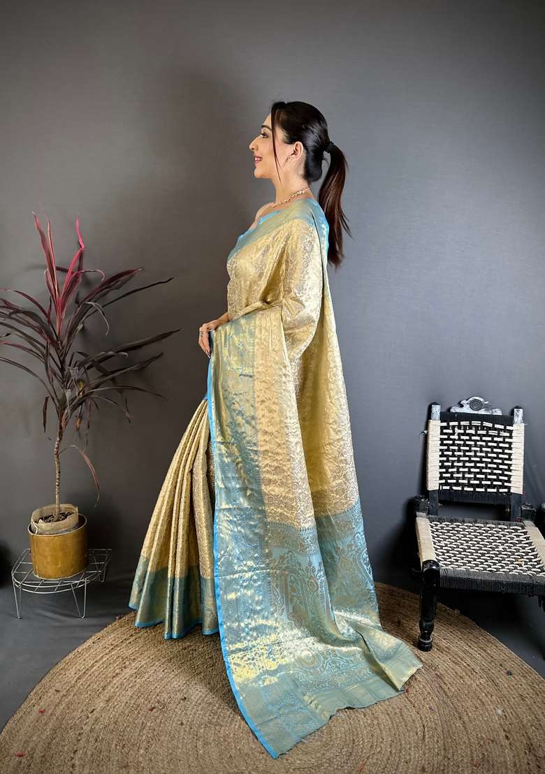 Light Golden Silk Blend Saree Set with Zari Work for Diwali | Wedding & Festive Wear - Indya