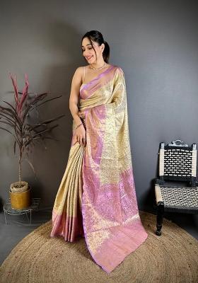 Light Golden Zari Work Silk Blend Saree Set