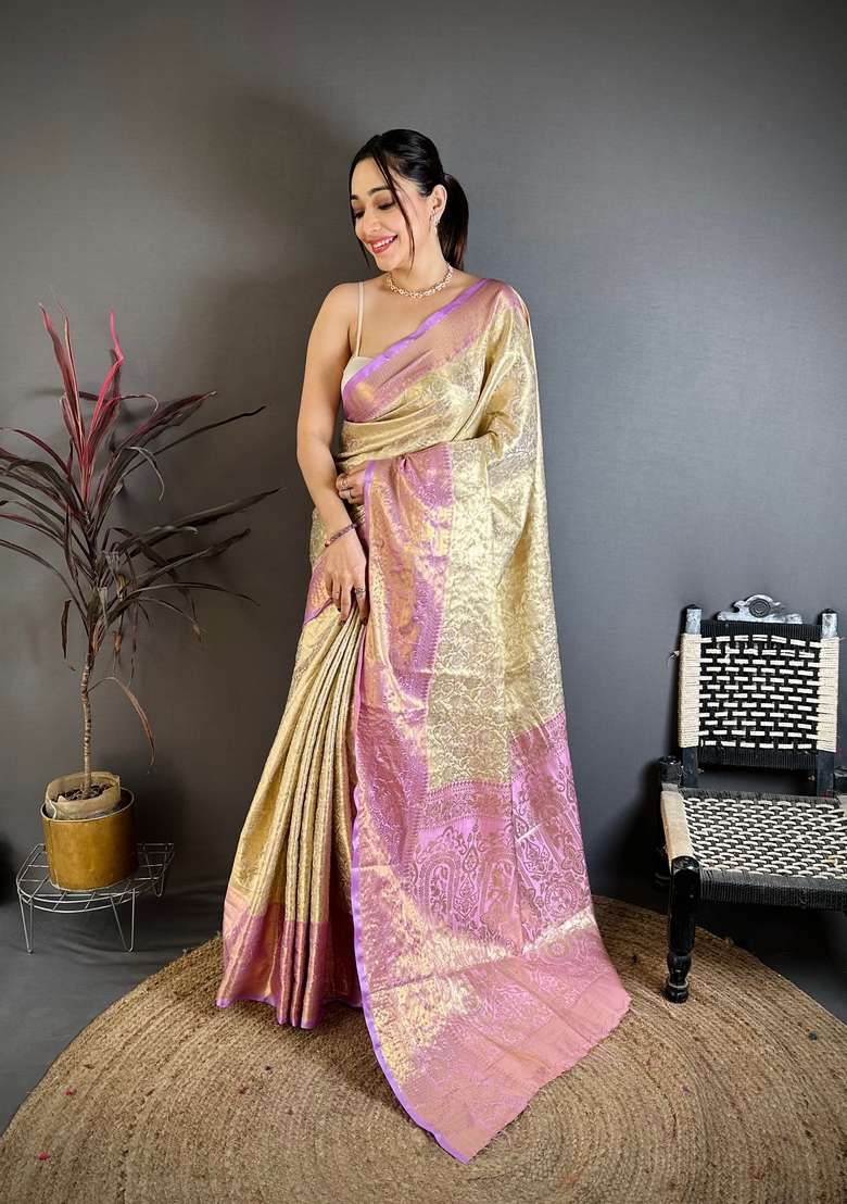 Light Golden Silk Blend Saree Set with Zari Work for Diwali | Wedding & Festive Wear - Indya