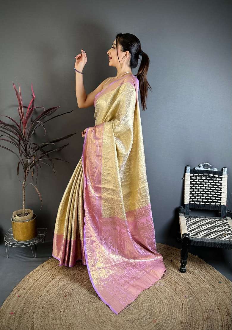 Light Golden Silk Blend Saree Set with Zari Work for Diwali | Wedding & Festive Wear - Indya