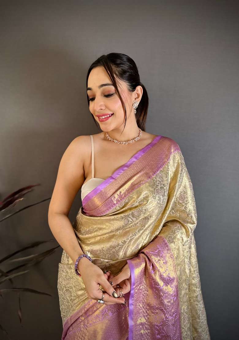 Light Golden Silk Blend Saree Set with Zari Work for Diwali | Wedding & Festive Wear - Indya