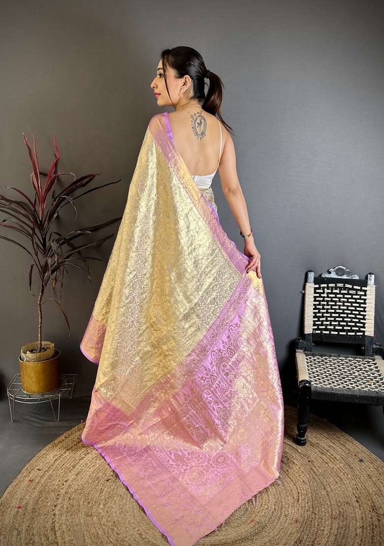 Light Golden Silk Blend Saree Set with Zari Work for Diwali | Wedding & Festive Wear - Indya