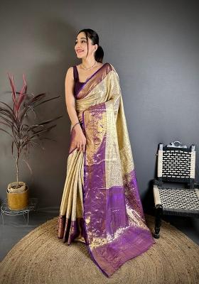 Light Golden Zari Work Silk Blend Saree Set