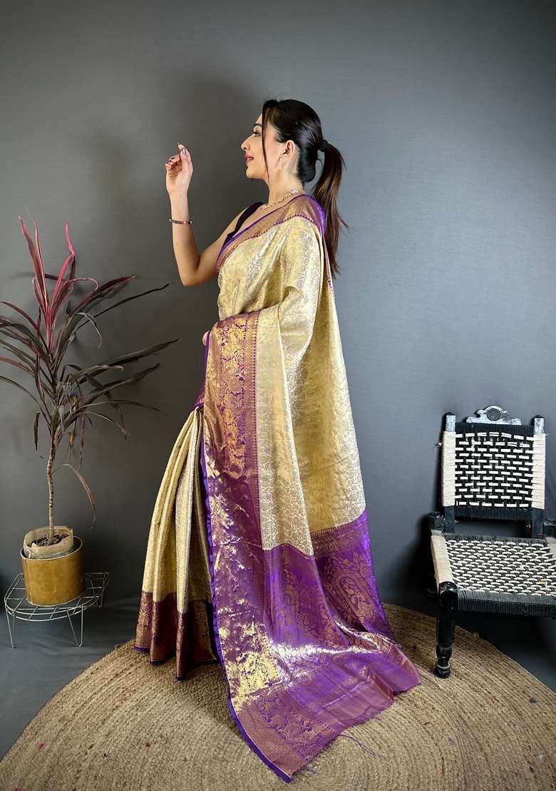 Light Golden Silk Blend Saree Set with Zari Work for Diwali | Wedding & Festive Wear - Indya