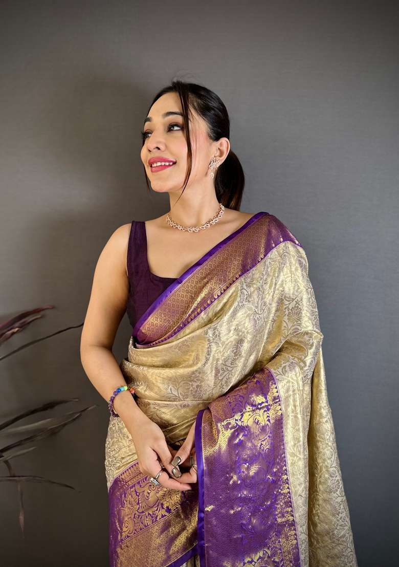Light Golden Silk Blend Saree Set with Zari Work for Diwali | Wedding & Festive Wear - Indya