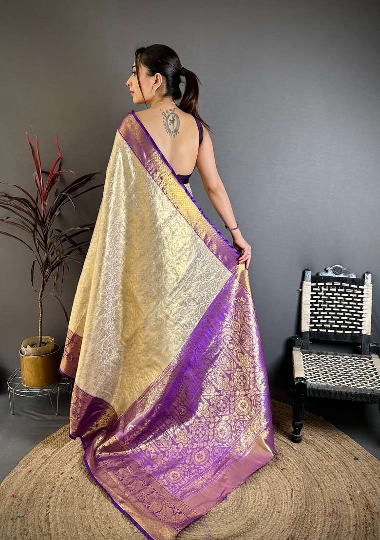 Light Golden Silk Blend Saree Set with Zari Work for Diwali | Wedding & Festive Wear - Indya