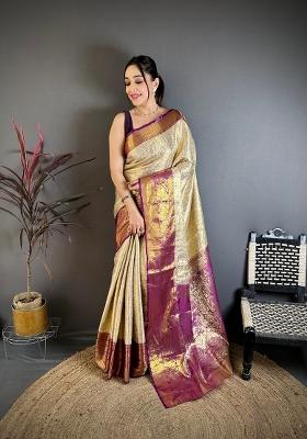 Light Golden Zari Work Silk Blend Saree Set