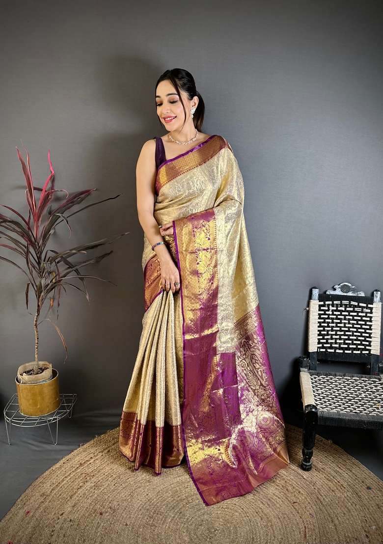 Light Golden Silk Blend Saree Set with Zari Work for Diwali | Wedding & Festive Wear - Indya