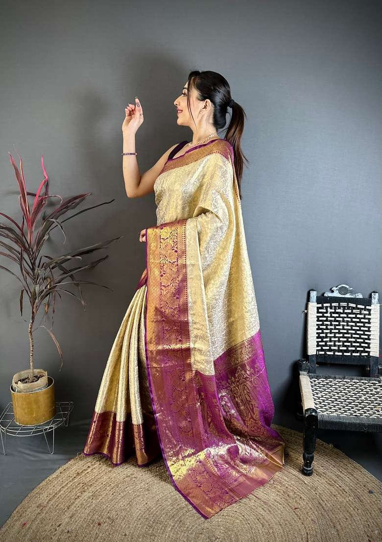 Light Golden Silk Blend Saree Set with Zari Work for Diwali | Wedding & Festive Wear - Indya