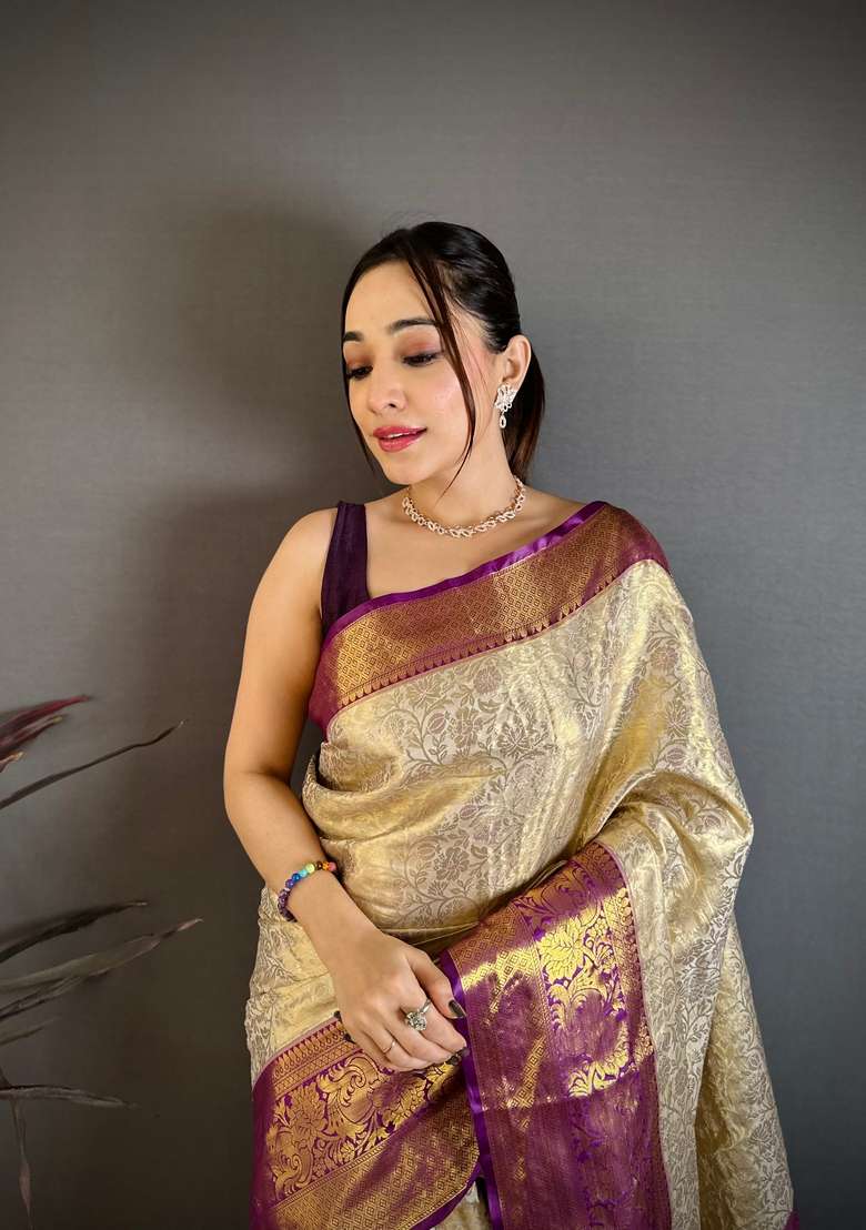 Light Golden Silk Blend Saree Set with Zari Work for Diwali | Wedding & Festive Wear - Indya