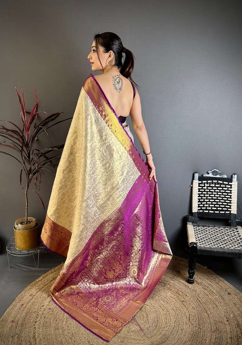Light Golden Silk Blend Saree Set with Zari Work for Diwali | Wedding & Festive Wear - Indya