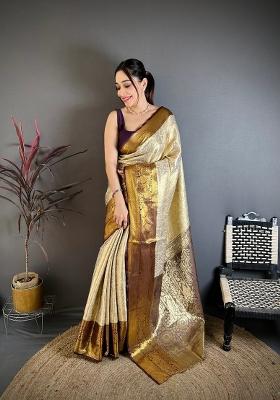 Light Golden Zari Work Silk Blend Saree Set