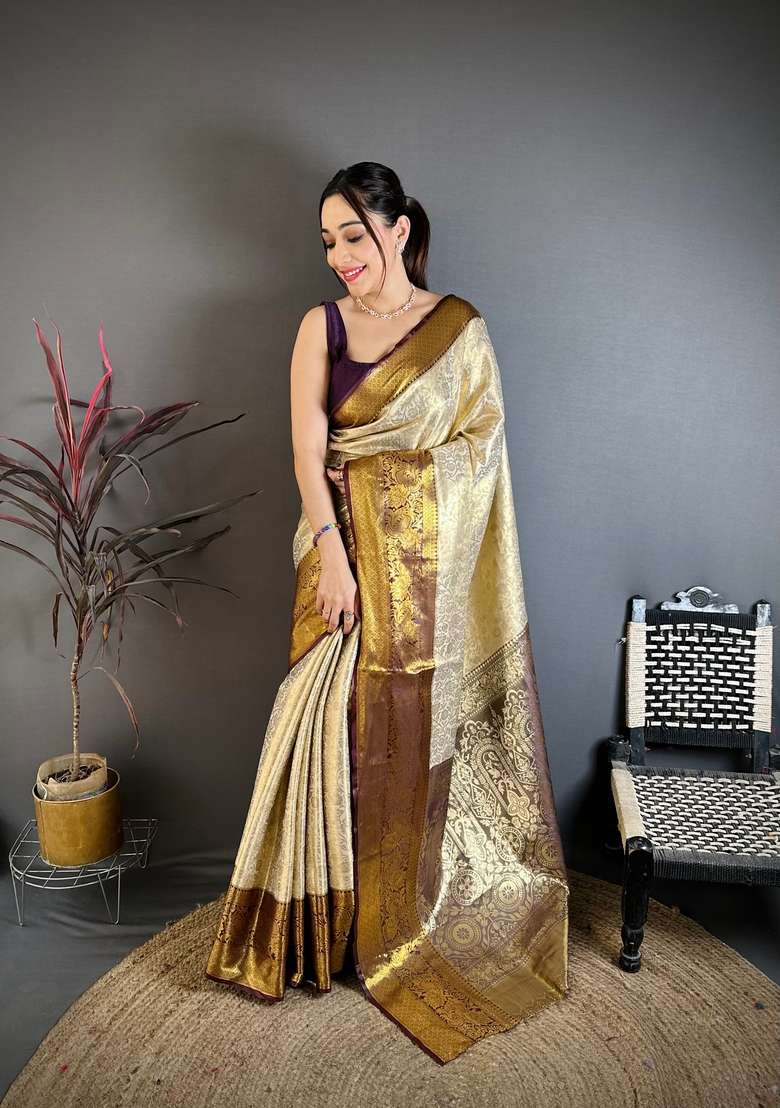 Light Golden Zari Work Silk Blend Saree Set for Diwali and Festive Wear - Indya