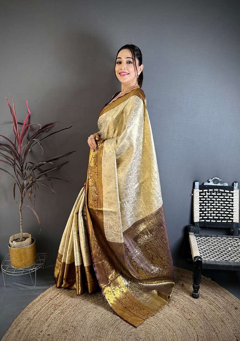 Light Golden Zari Work Silk Blend Saree Set for Diwali and Festive Wear - Indya