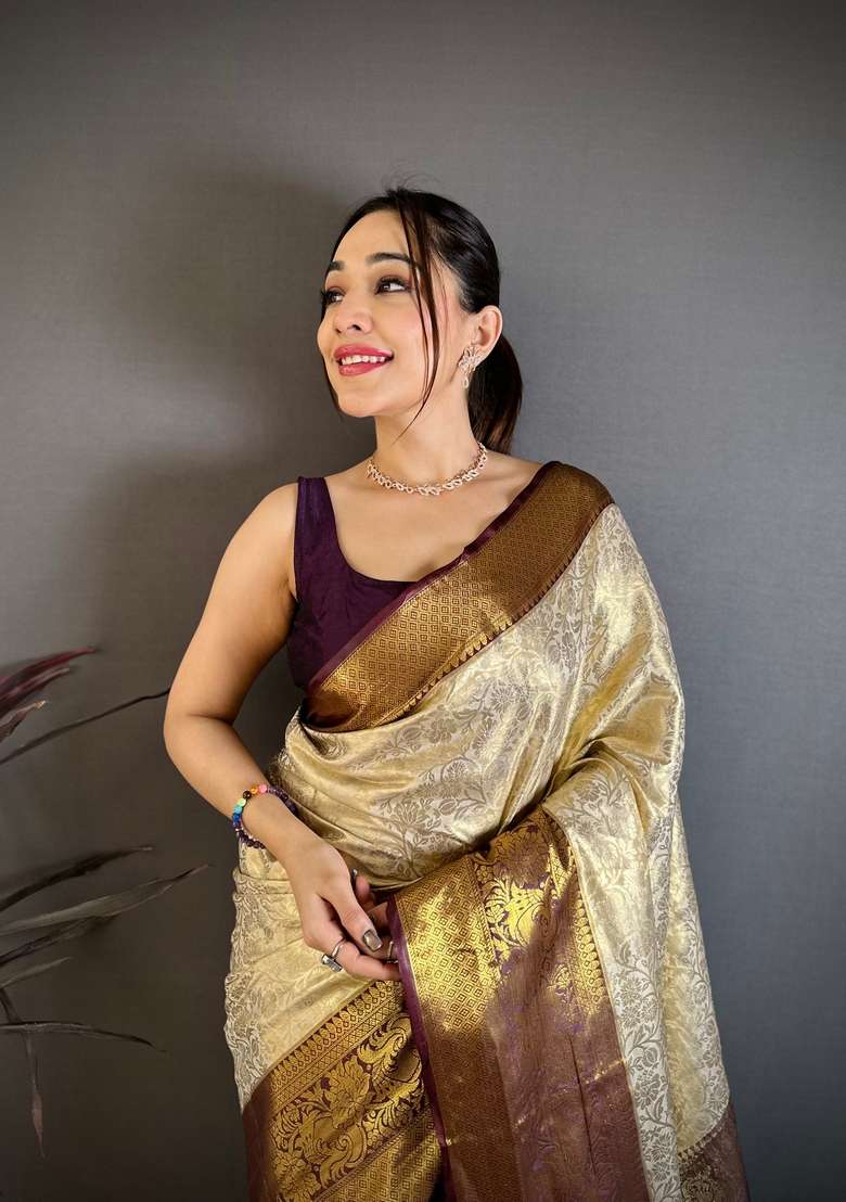 Light Golden Zari Work Silk Blend Saree Set for Diwali and Festive Wear - Indya