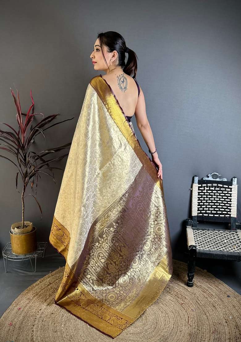 Light Golden Zari Work Silk Blend Saree Set for Diwali and Festive Wear - Indya