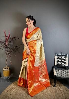 Light Golden Zari Work Silk Blend Saree Set