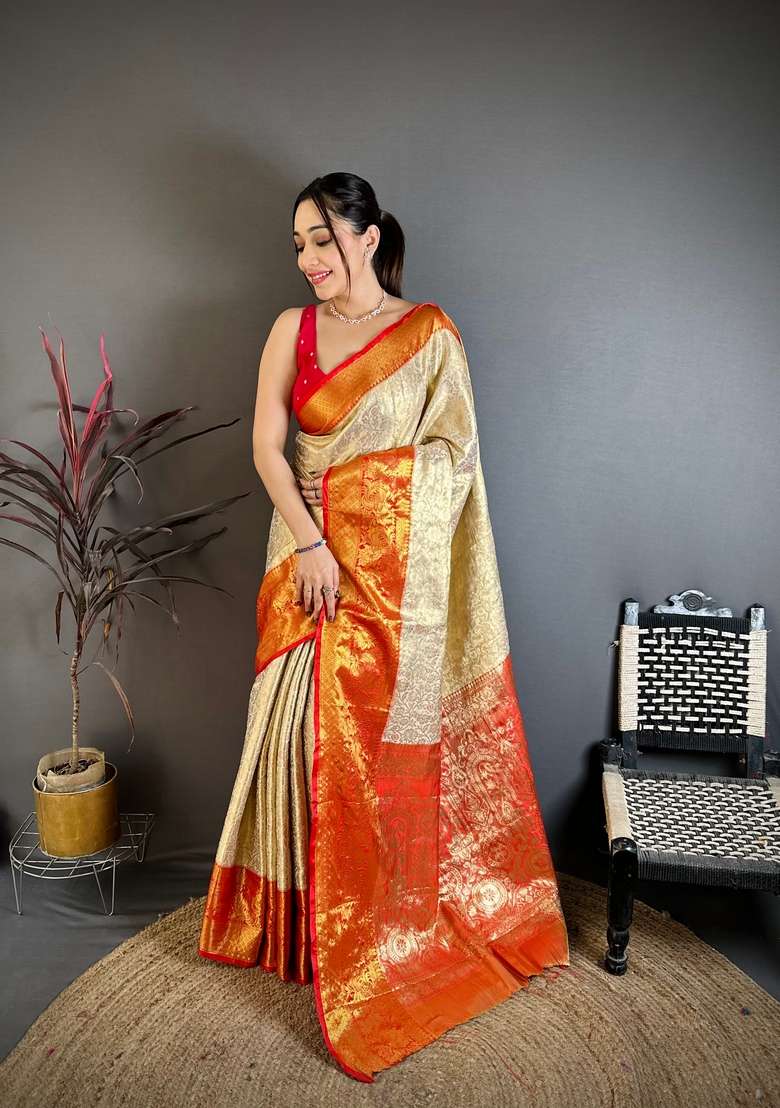 Light Golden Silk Blend Saree Set with Zari Work for Diwali | Wedding & Festive Wear - Indya