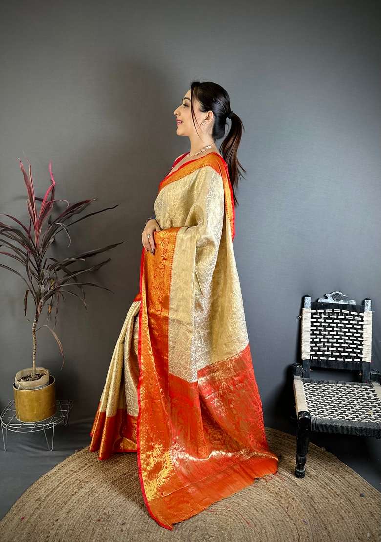 Light Golden Silk Blend Saree Set with Zari Work for Diwali | Wedding & Festive Wear - Indya