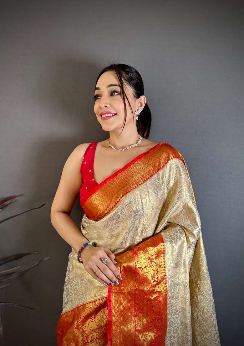 Light Golden Silk Blend Saree Set with Zari Work for Diwali | Wedding & Festive Wear - Indya