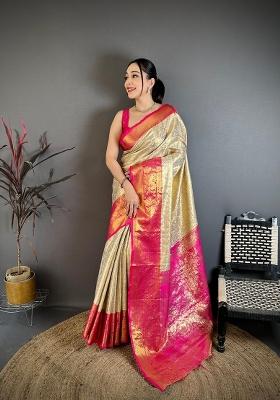 Light Golden Zari Work Silk Blend Saree Set