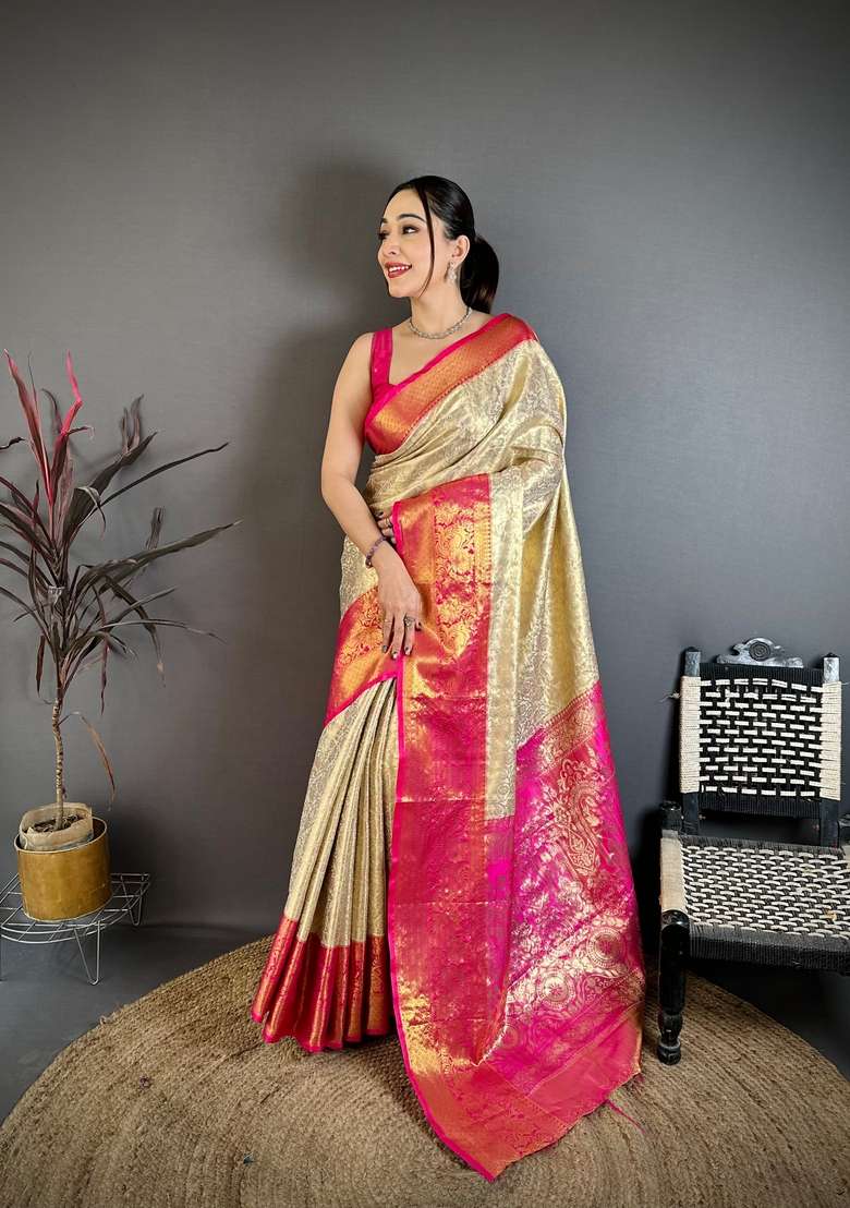 Light Golden Silk Blend Saree Set with Zari Work for Diwali | Wedding & Festive Wear - Indya