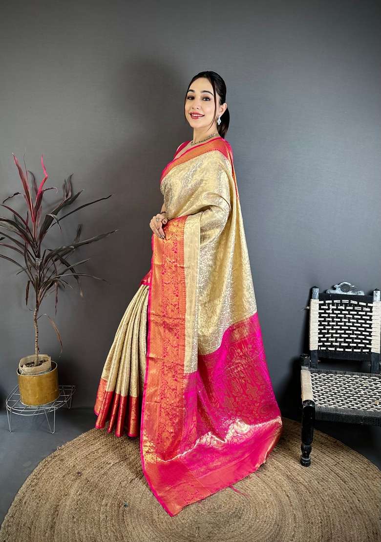 Light Golden Silk Blend Saree Set with Zari Work for Diwali | Wedding & Festive Wear - Indya