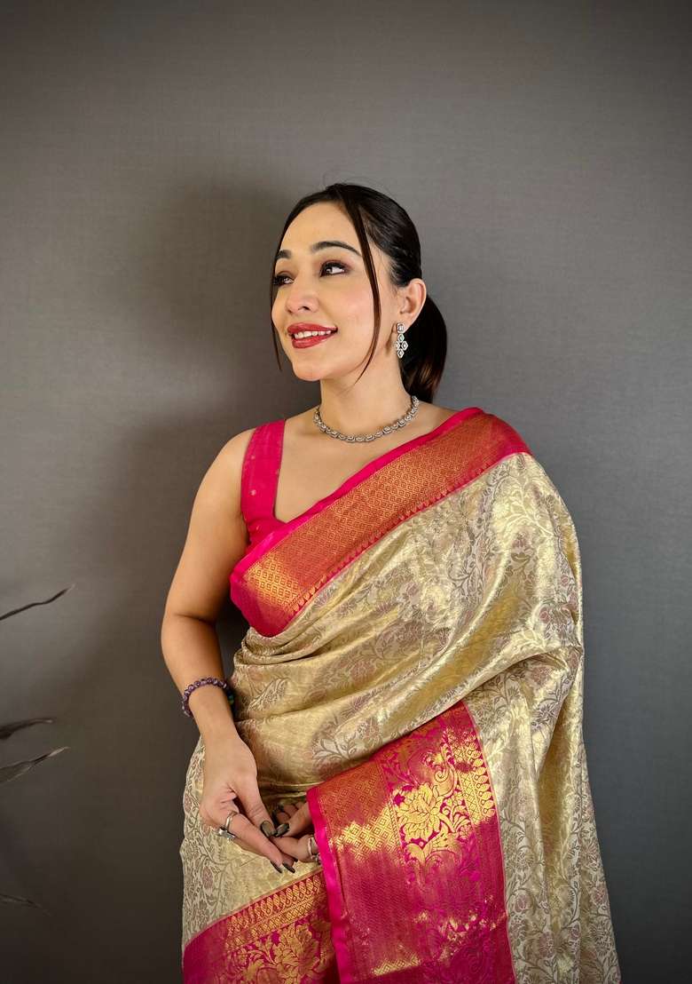 Light Golden Silk Blend Saree Set with Zari Work for Diwali | Wedding & Festive Wear - Indya