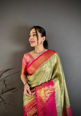 Rama Green Zari Work Silk Blend Saree Set