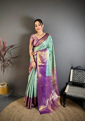 Sky Blue Zari Work Silk Blend Saree Set