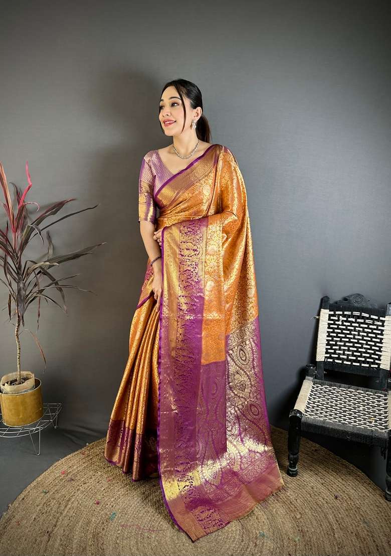 Mustard Zari Work Silk Blend Saree Set for Diwali and Festive Wear - Indya
