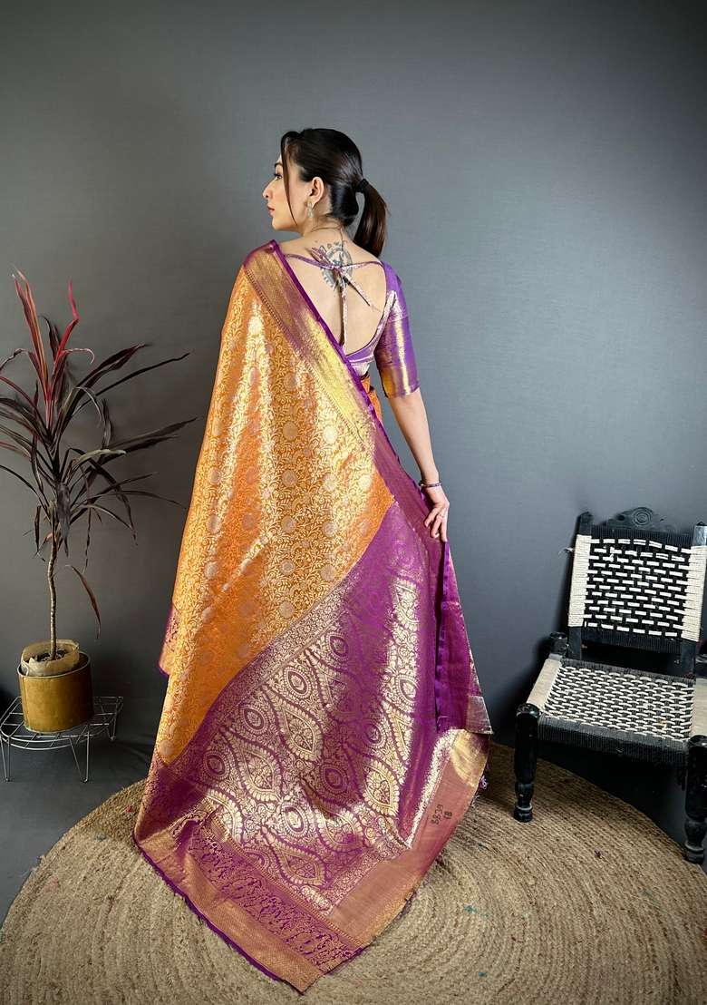 Mustard Zari Work Silk Blend Saree Set for Diwali and Festive Wear - Indya