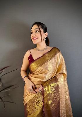 Peach Zari Work Silk Blend Saree Set