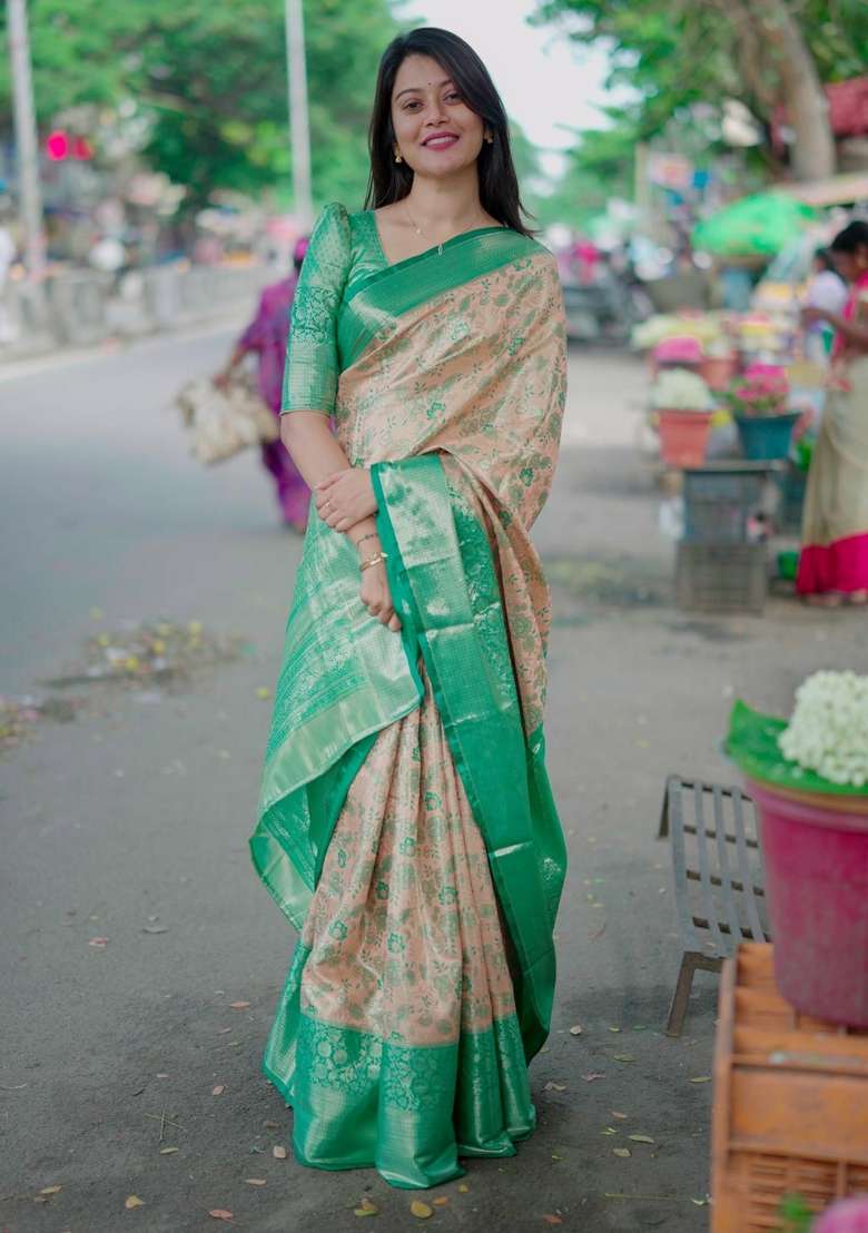 Light Golden Zari Work Silk Blend Saree Set for Diwali and Festive Wear - Indya