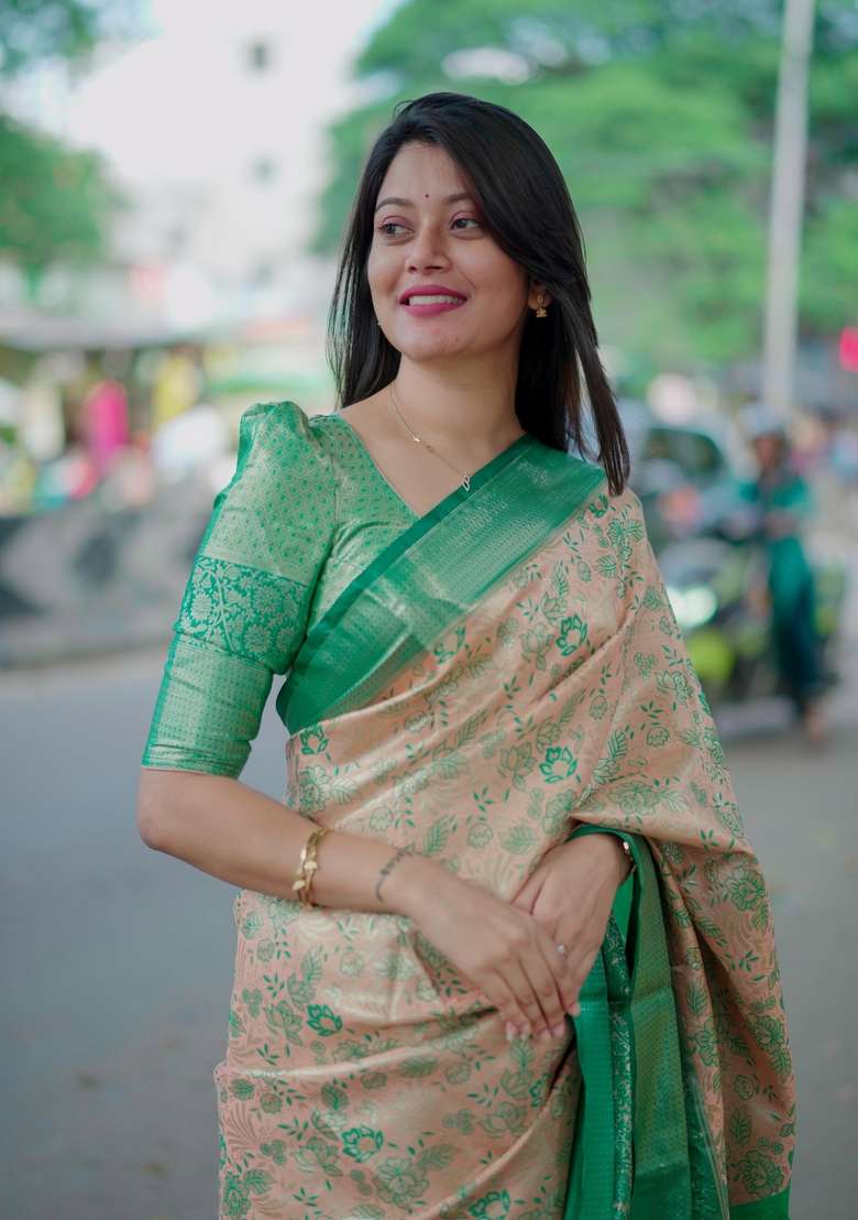 Light Golden Zari Work Silk Blend Saree Set for Diwali and Festive Wear - Indya