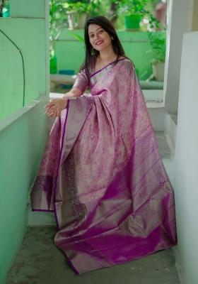 Light Pink Zari Work Silk Blend Saree Set
