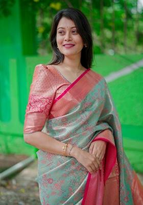 Light Sky Blue Zari Work Silk Blend Saree Set