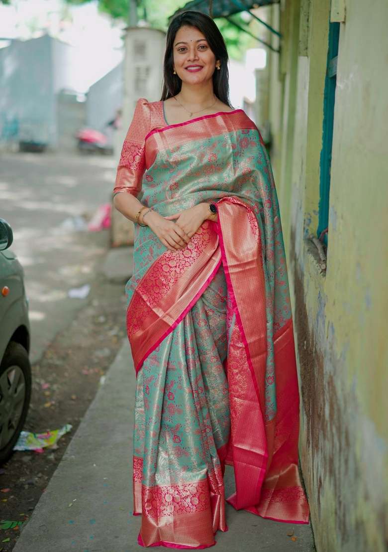 Light Sky Blue Zari Work Silk Blend Saree Set for Diwali and Festive Wear - Indya