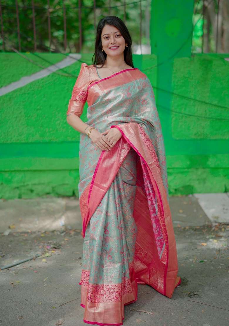 Light Sky Blue Zari Work Silk Blend Saree Set for Diwali and Festive Wear - Indya