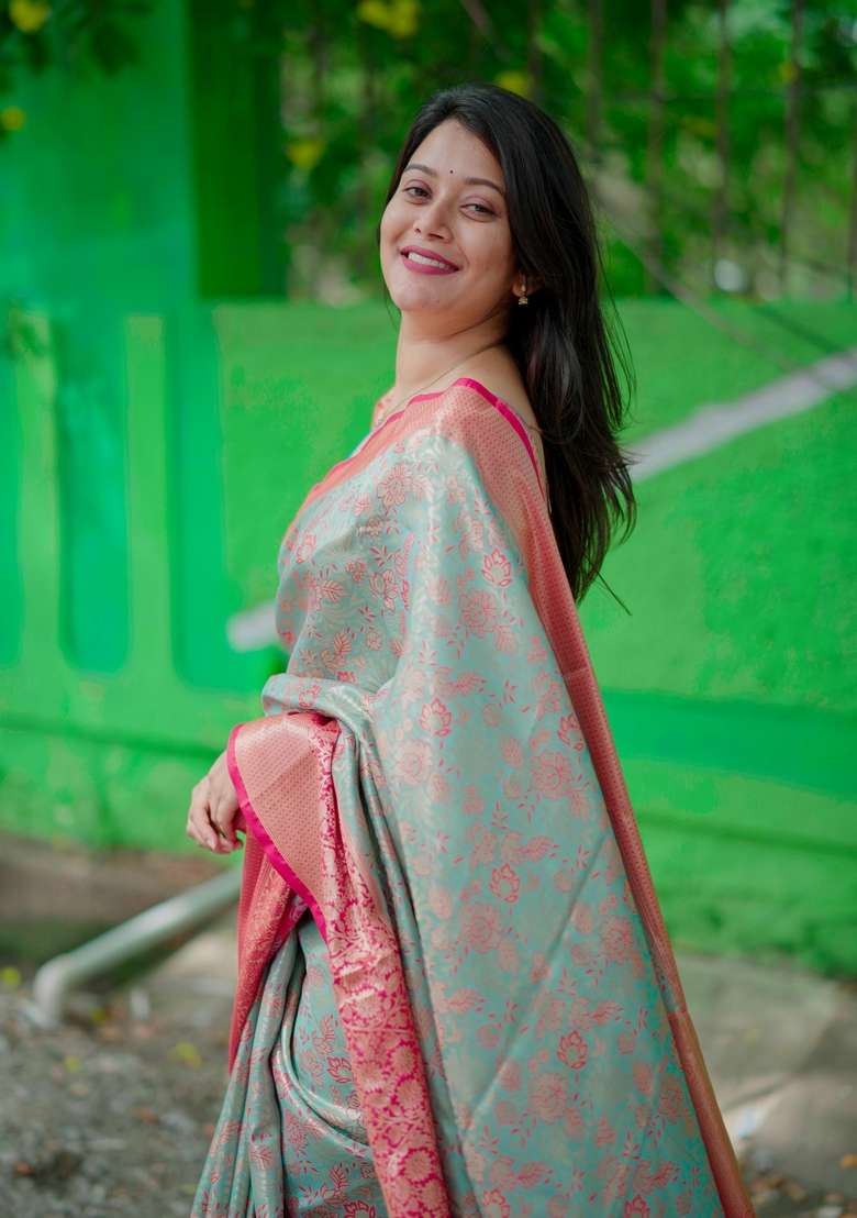 Light Sky Blue Zari Work Silk Blend Saree Set for Diwali and Festive Wear - Indya