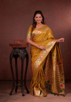 Yellow Zari Work Silk Blend Saree Set