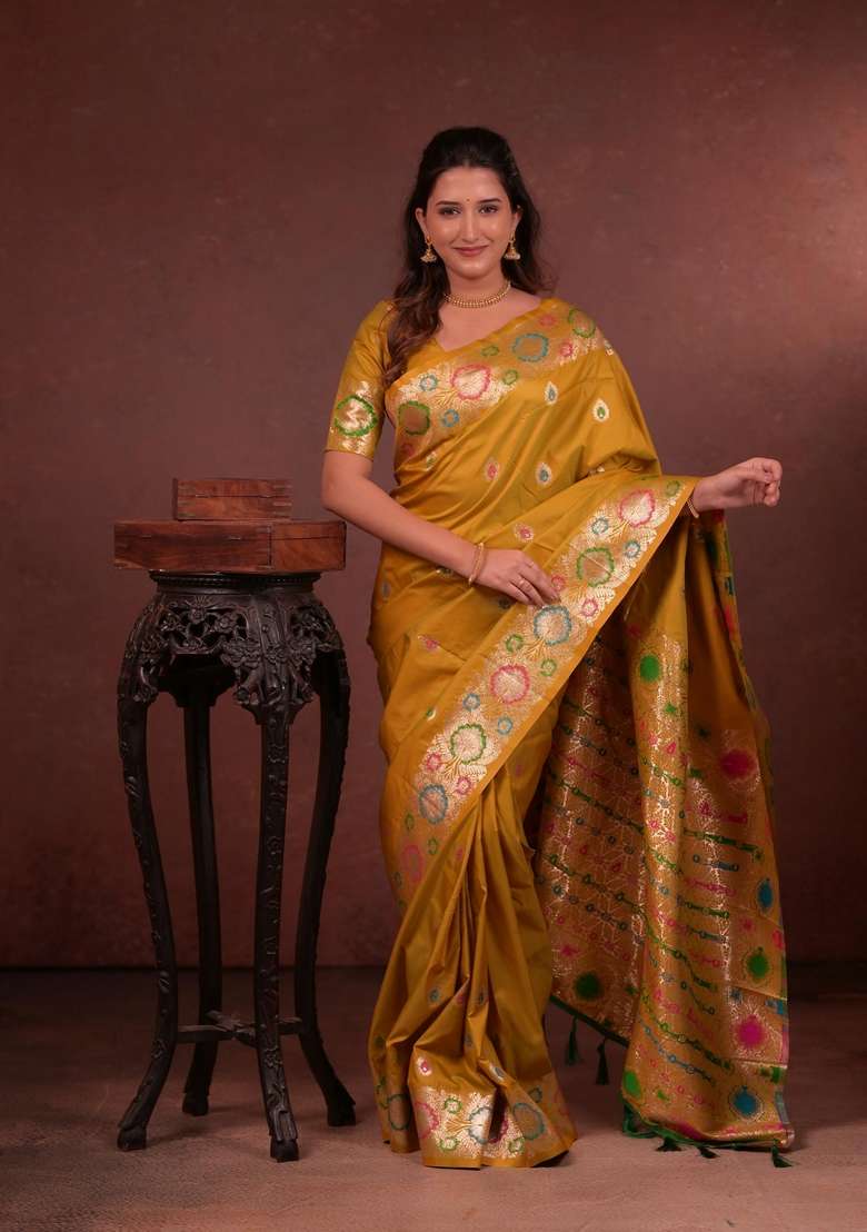 Yellow Zari Work Silk Blend Saree Set for Diwali and Festive Wear - Indya
