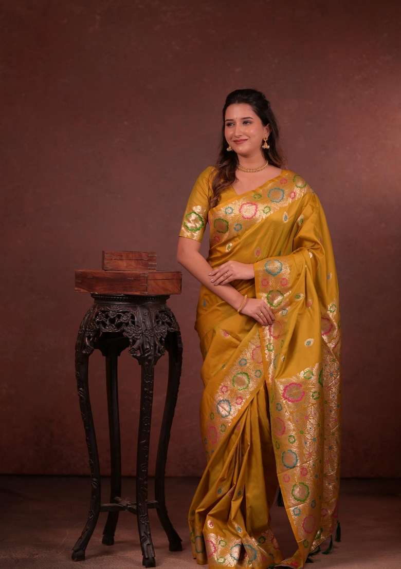 Yellow Zari Work Silk Blend Saree Set for Diwali and Festive Wear - Indya